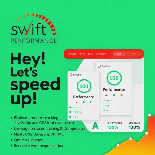 Swift Performance plugin preview showing caching dashboard, Core Web Vitals improvements, and AI optimization settings.